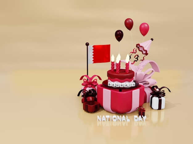 3d illustration bahrain independence day with cake in the gift box perfect for background and illustration