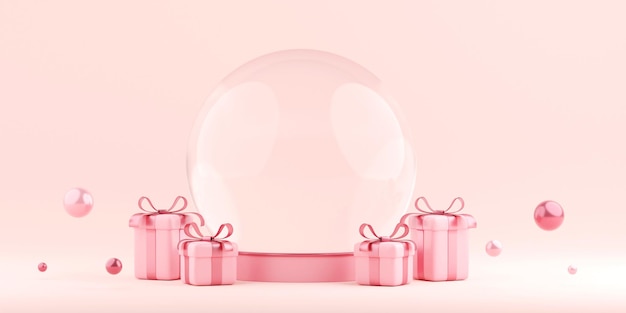 3d illustration banner of crystal globe with gift box, Happy Valentine's Day