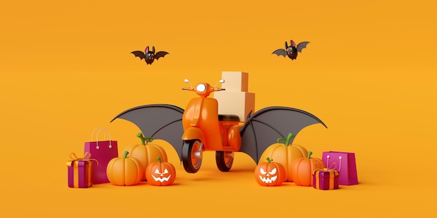 3d illustration banner of Happy Halloween delivery via scooter