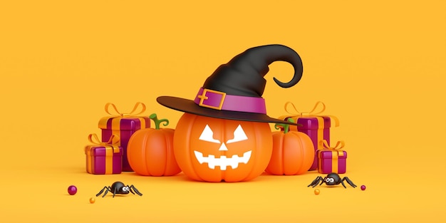 3d illustration banner of Jack O Lantern wear witch hat with gift box Happy Halloween