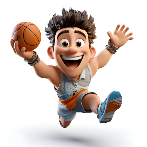 3D illustration of a basketball player jumping with a ball isolated white background