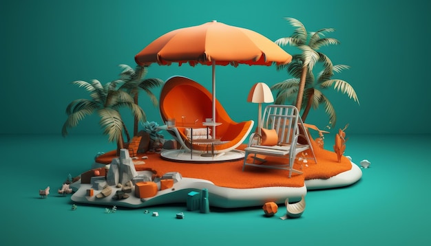 A 3d illustration of a beach scene with a beach chair and a beach chair.