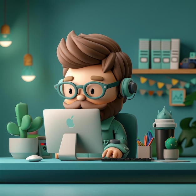 3D Illustration of a Bearded Man Working at His Desk