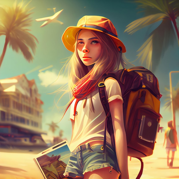 3D illustration of a beautiful girl with a backpack on the beach