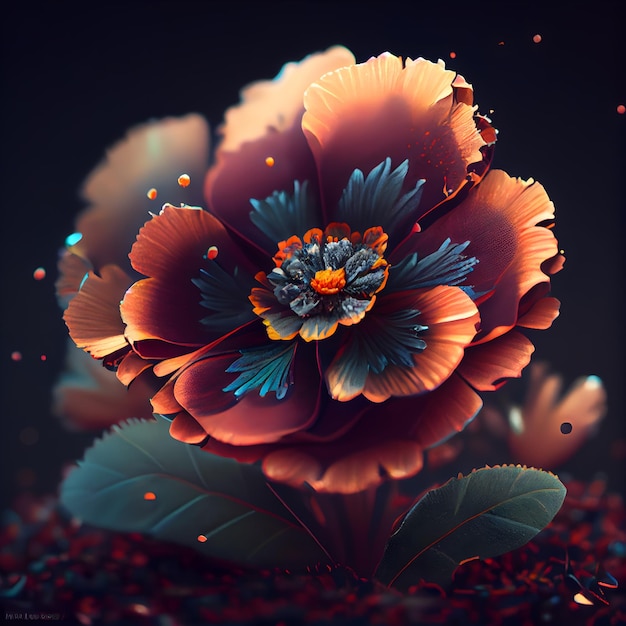 3D illustration of a beautiful red flower with a black background