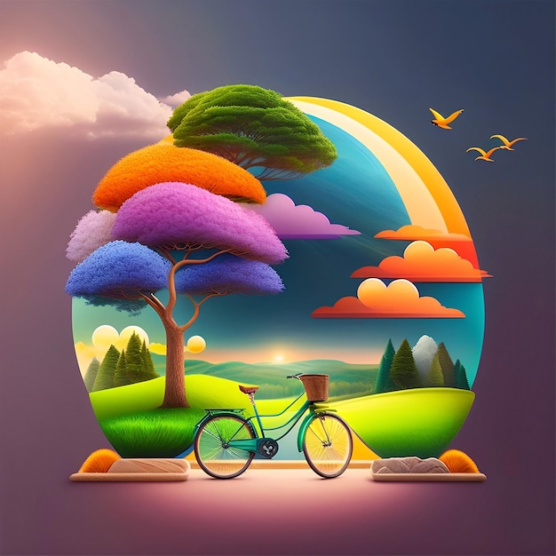 A 3d illustration of a bicycle with a tree and the word " on it "