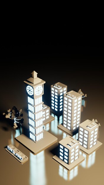 3d illustration Big ben as landmark with green space area and England city view in neon light style