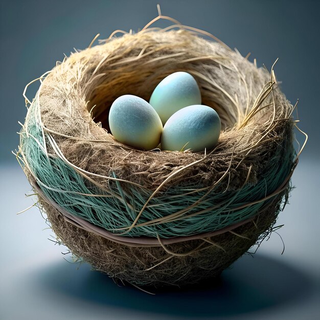 A 3D illustration of a birds nest with three eggs symbolizing new beginnings family and springtime