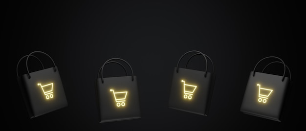 3d illustration of a black bag with a golden shopping basket icon on a black background Black Friday sale concept