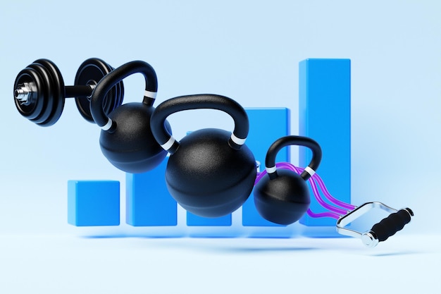 3D illustration black dumbbells kettlebells and fitness bands against the background of a growth graph on a blue colorful background