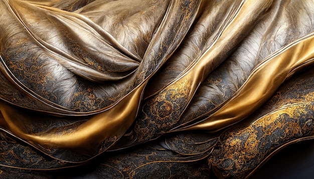 3D illustration Black and golden streaming fabric Flowing silky textured cloth Luxury background Ai rendering