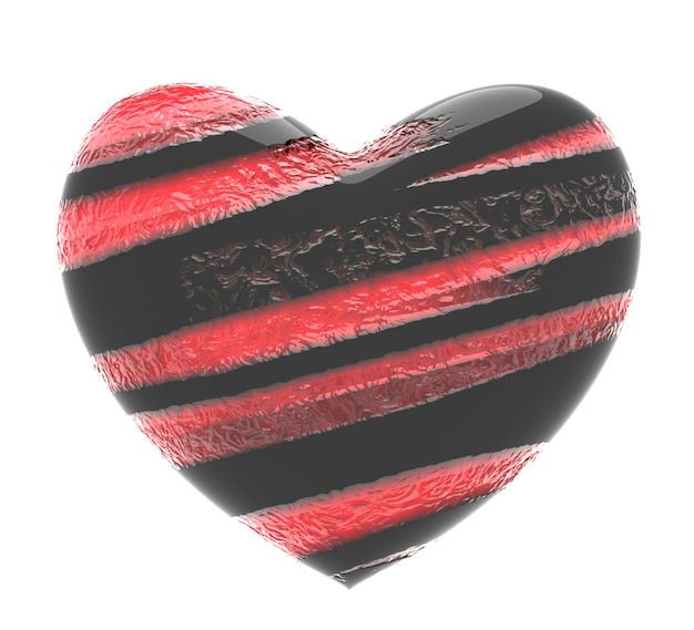 Photo 3d illustration of black heart with textured red diagonal stripes isolated on white