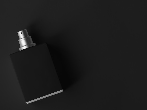 3D illustration Black perfume bottle mockup with silver cover on black background Dark concept