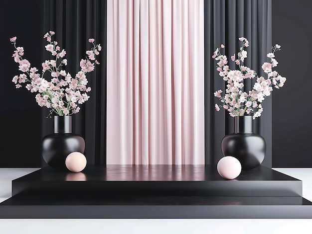 3D Illustration of Black and Pink Curtained Background with Flowers and a Black Platform