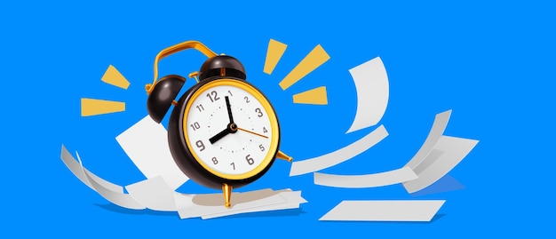 3d illustration of black retro alarm clock with arrow on blue color background with office paper 3d style design for banner deadline poster print