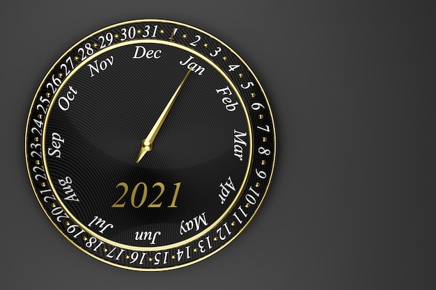 3D illustration black round clock calendar with 12 months, 31 days and 2021 year on black background.