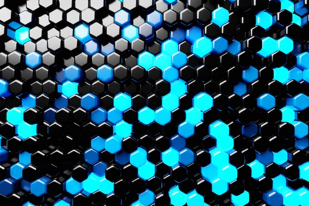 3d illustration of a blue and black honeycomb monochrome honeycomb for honey Pattern of simple geometric hexagonal shapes mosaic background