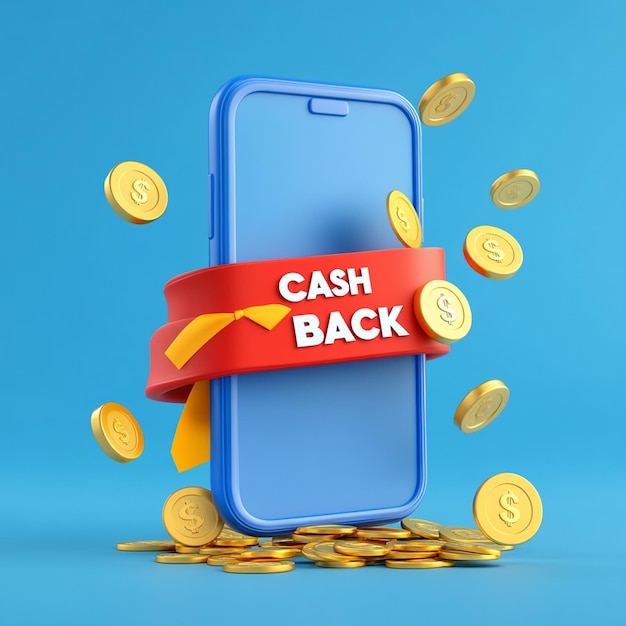 Photo 3d illustration of a blue cash back smartphone