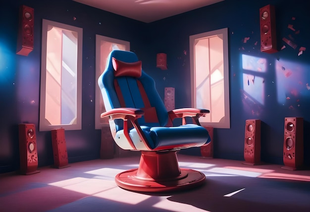 Photo a 3d illustration of a blue chair with a red seat and a window in the background