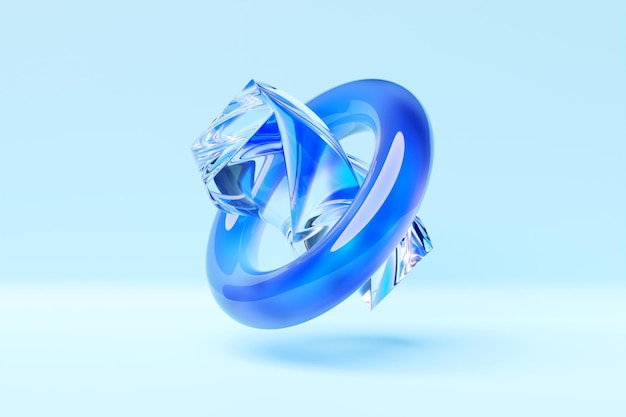 3D illustration of a blue crystalline torus and a twisted cube Simple geometric figure