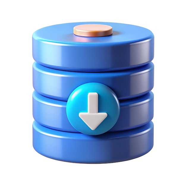 A 3D illustration of a blue database icon with a white downward arrow