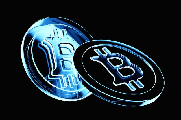 3d illustration blue neon bitcoins Cryptocurrency Gold Bitcoin BTC Bit Coin Closeup of bitcoin coins Blockchain technology bitcoin mining concept