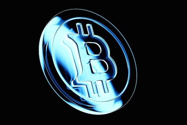 3d illustration blue neon bitcoins Cryptocurrency Gold Bitcoin BTC Bit Coin Closeup of bitcoin coins Blockchain technology bitcoin mining concept