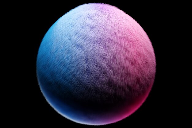 Photo 3d illustration blue pink fluffy ball on black  isolated background. fur pompon