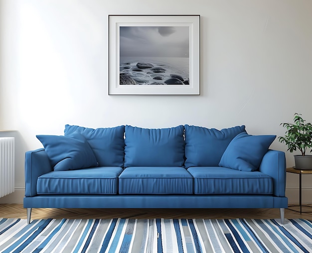 3D illustration of a blue sofa in a minimalistic interior with a striped carpet and a framed photograph on the wall frontal view living room mock up in the style of an interior designer