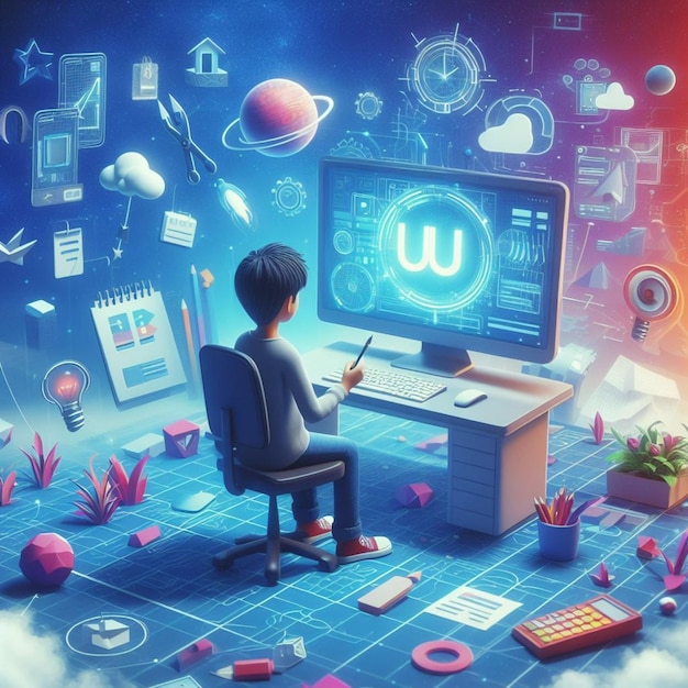 3D illustration of Boy doing UIUX design in computer with a creative background