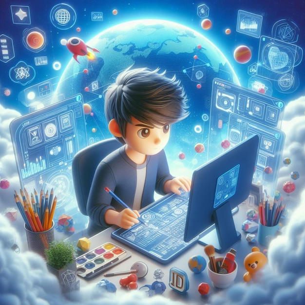 3D illustration of Boy doing UIUX design in computer with a creative background