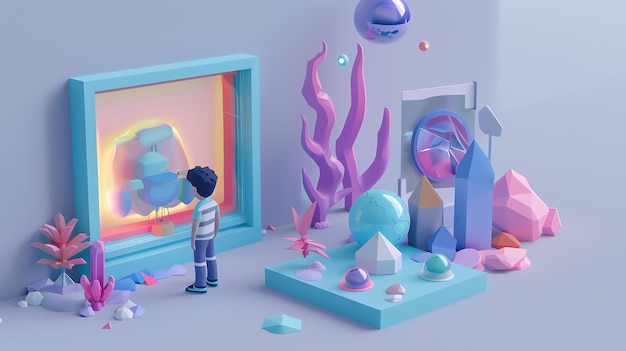 Photo a 3d illustration of a boy in a striped shirt looking at a glowing artwork in a frame surrounded by abstract geometric shapes and plants