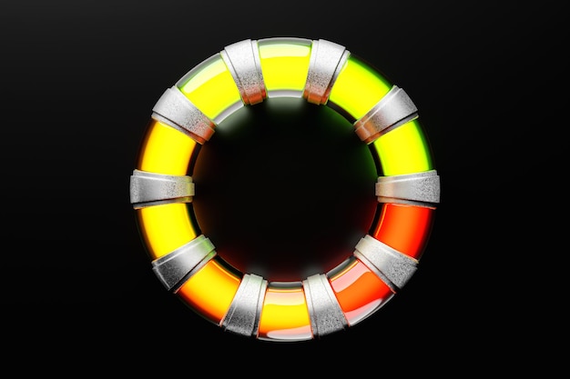 3d illustration of a bright instrument panel depicting values from normal to critical values in different colors on a black background