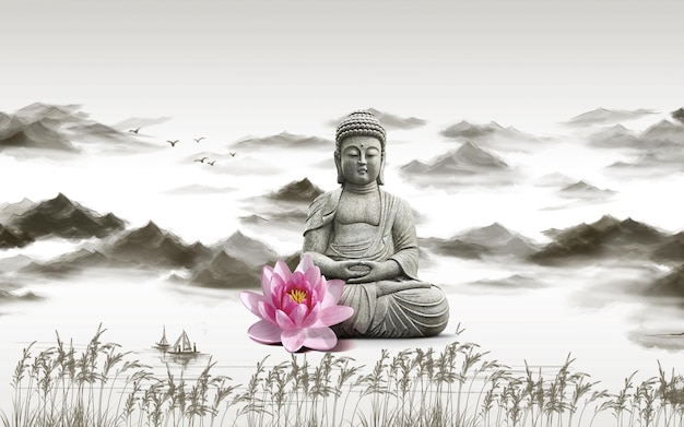 3D Illustration Buddhist Style Landscape Wall Mural