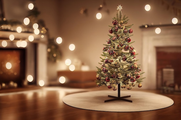 3d illustration of burning fireplace with christmas tree