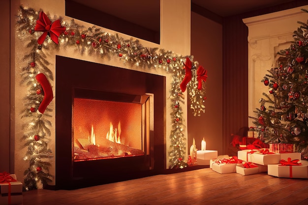 3d illustration of burning fireplace with christmas tree