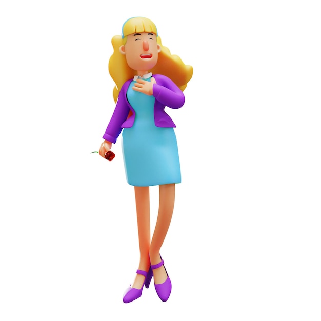 3D illustration Business Woman 3D character holding a rose hands are on the chest showing a sweet