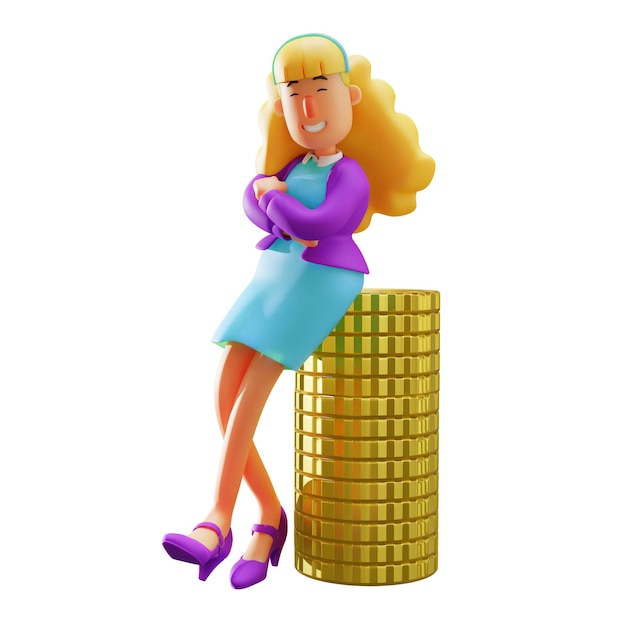 3D illustration business woman 3D character with pile of gold coins sitting on many piles of gold