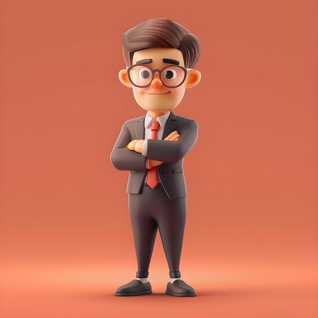 3D Illustration Of A Businessman With Glasses Standing With Arms Crossed