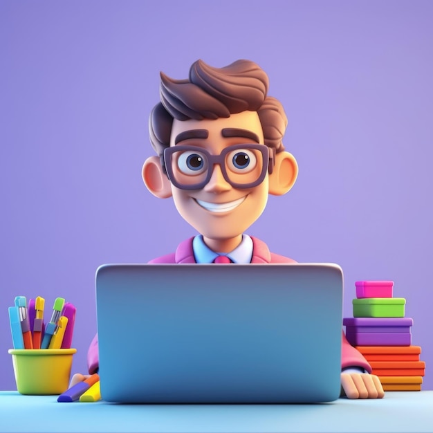 3D illustration of businessman with laptop businessman working in office Cartoon character 3d