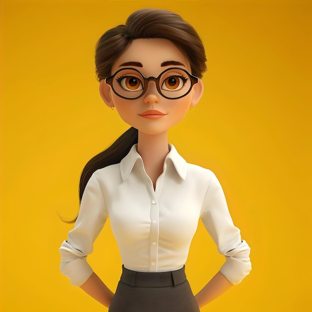 3D Illustration Of Businesswoman In White Shirt And Skirt With Glasses