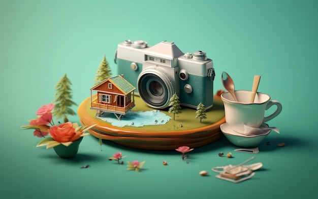 3d illustration of camera with colourful background