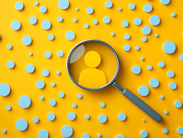 Photo 3d illustration candidate search concept magnifying glass focusing on yellow person icon among blue circles on yellow background