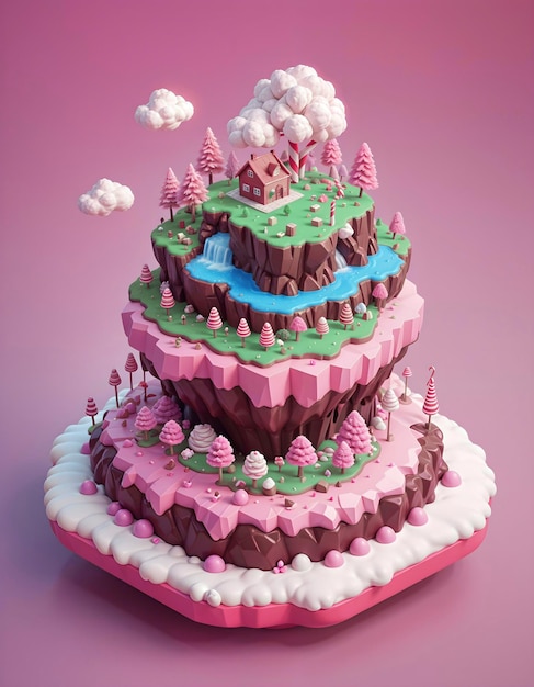 Photo 3d illustration of a candy land and chocolate floating island with sugar details