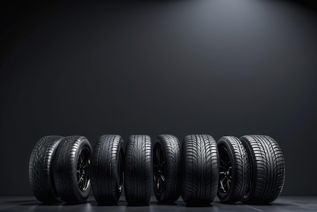 3D illustration of car tires against dark backdrop with ample copy space