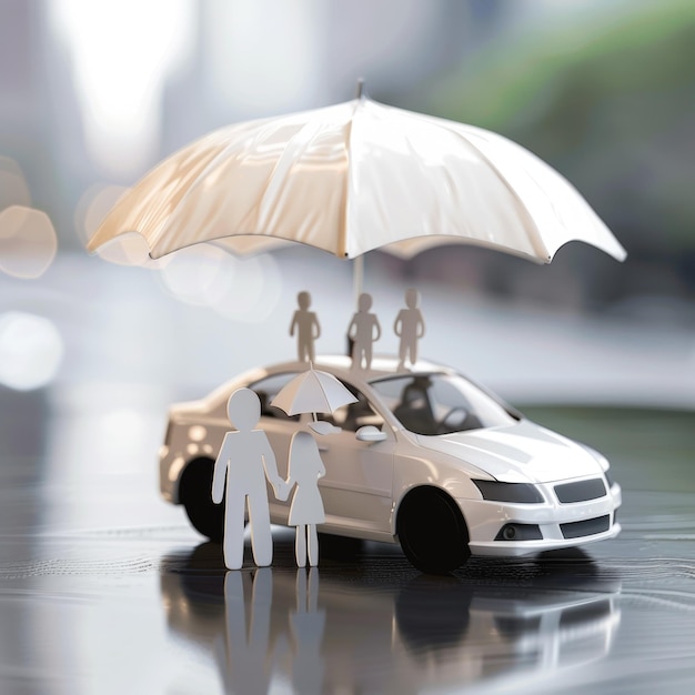 3D illustration of a car with a family and an umbrella Concept car insurance family protection digital art