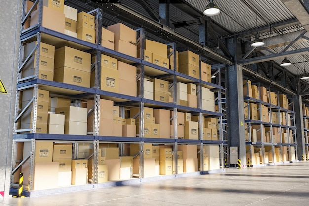 3D illustration Cardboard boxes on storage warehouse shelves