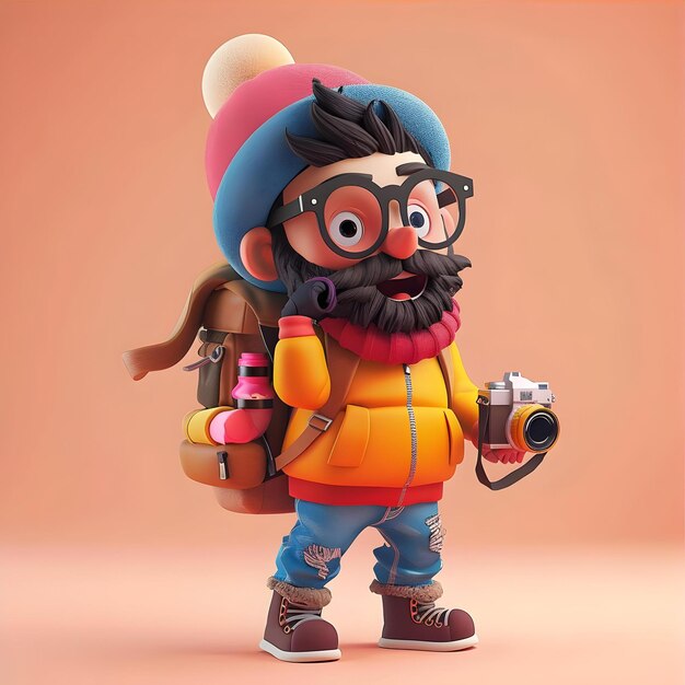 Photo 3d illustration of a cartoon character with a camera and backpack