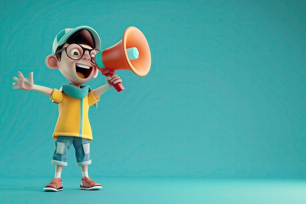 3D illustration of a cartoon character with a megaphone announcing important news