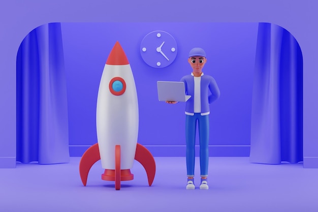 3d illustration of cartoon character with a rocket